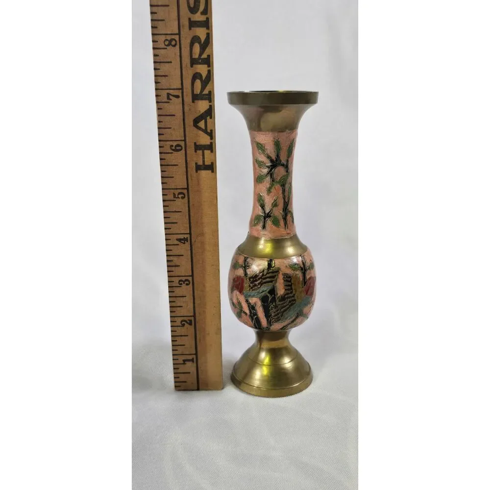 Hand-Painted Pink Floral Enamel Vintage Brass Bud Vase